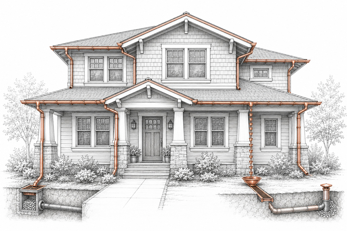 home with copper gutter system